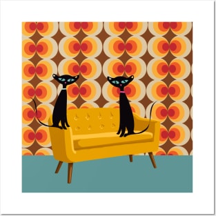 Retro Kitties Perched in Mid Mod Living Room Posters and Art